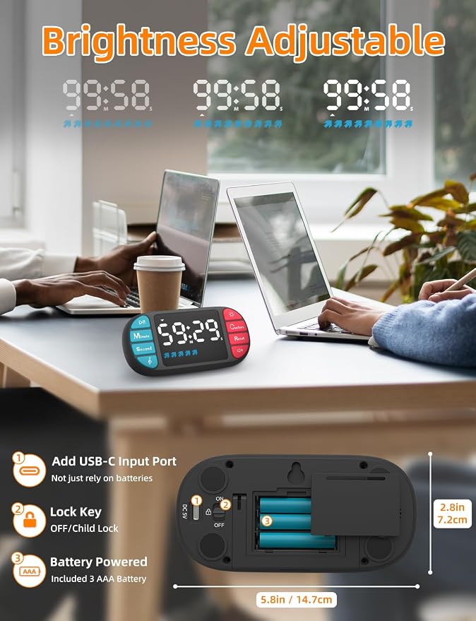 Digital Kitchen Visual Timer: 3.6'' Large LED Display, Magnetic, 3 Brightness, 4 Alarms and Volume, Memory Function, Countdown Count up for Cooking, Classroom, Home Gym, AAA Battery Included