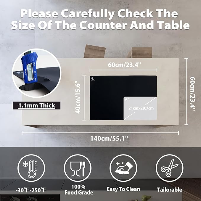 Thick Silicone Counter Mat Large 23.4"by15.6", Heat Resistant Mat | Kitchen Table/Countertop Protector/Non Stick Pastry Baking Placemats, Silicone Pad for Crafts Kids, Super Kitchen Black