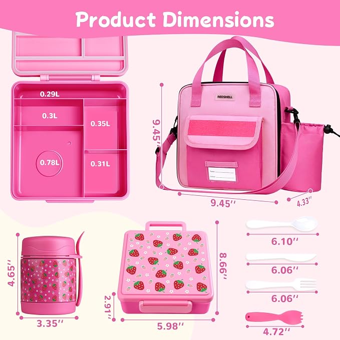 REDSHELL Kids Bento Lunch Box Set, Insulated Lunch Bag for Girls, Rose Red | Toddler 5-Compartment Lunchbox, Leakproof Food Jar, Snack Container, School Daycare, Bottle Holder, Adjustable Shoulder Strap