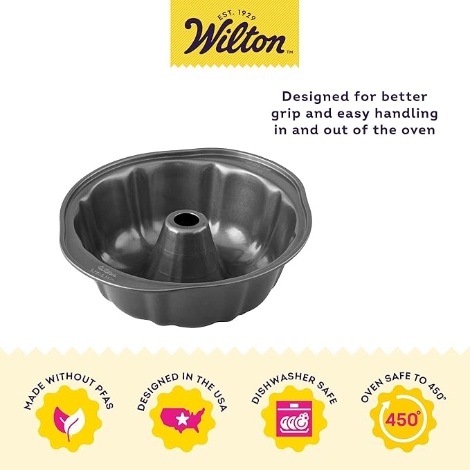 Wilton Gold Non-Stick Fluted Tube Pan, Stainless Steel, 9.49 in. | Non-Stick Steel with Scratch-Resistant Coating, Resists Warping, Dishwasher Safe, Perfect for Bundt & Fluted Tube Cakes