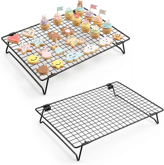 Kifmurase 2PCS Stackable Cooling Rack for Baking Wire Rack with Folding Leg | 13.3 x 9.3 Inch, Carbon Steel, for Cookie Cake Pizza Jerky, Multi-Use, Bread Oven Racks, for Cooking Roasting Drying Grilling