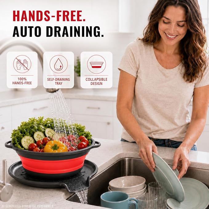 2 Collapsible Colanders with Self-Draining Tray (Red) | 11.6 & 13.4 in baskets; 12.8 in grooved tray; folds to 2.1 in; for pasta, rice, fruit and vegetables