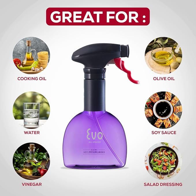 Evo Oil Sprayer Minis, Non-Aerosol for Olive, Cooking Oils, and Vinegars, Purple, 8-Ounce Capacity, Set of 2
