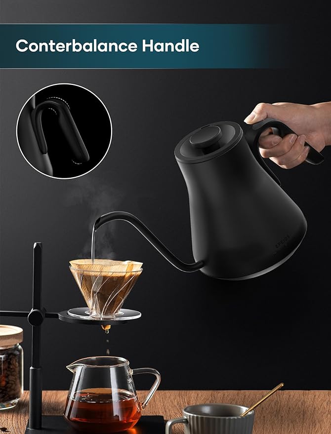 INTASTING Gooseneck Electric Kettle with ±1℉ Temperature Control 0.9 Liter | 1500W Quick Heating, Stainless Steel Inner, Pour Over Coffee & Tea, Keep Warm, Auto Shut-Off, Built-in Brew Timer, Black