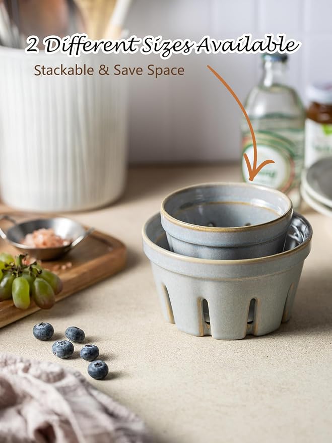 Gomakren Ceramic Berry Basket Set of 2, Small Fruit Bowl Colanders, Gray | Drain Holes Keep Berries Fresh, Stackable, Wash & Serve, Round Strawberry Basket for Fridge Kitchen Counter, Lovely Home Gift