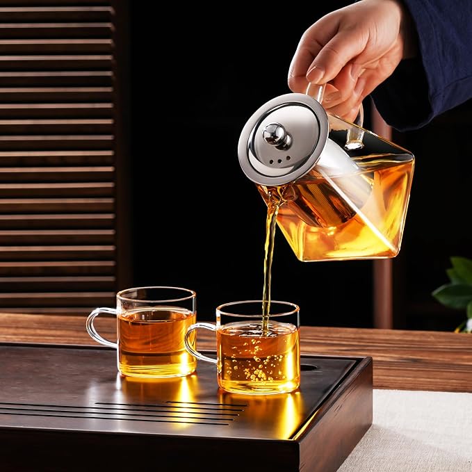 PARACITY Clear Glass Teapot with Infuser, Square 18.6oz Stovetop Tea Kettle | Borosilicate glass spans -68°F to 302°F; 18/8 stainless steel strainer makes it a tea maker for loose leaf and blooming tea