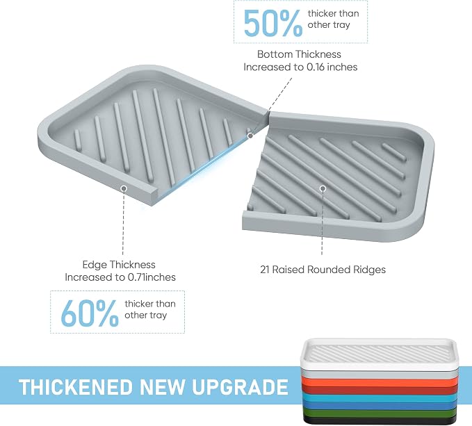 Kitchen Sink Organizer Tray,Sponge Holder for Kitchen Sink Bathroom（Grey） | Counter Tray Sponge Caddy Silicone Soap Holder for Soap Dispenser, Bottle, Dishwashing Accessories(2-Pack)