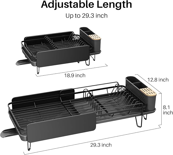 SNTD Large Dish Drying Rack for Kitchen Counter, Expandable, Black | Stainless Steel Dish Drainer, Adjustable Length 18.9''-29.3'', Automatic Drainage, 360° Spout, Cutlery Holder with Knife Slot