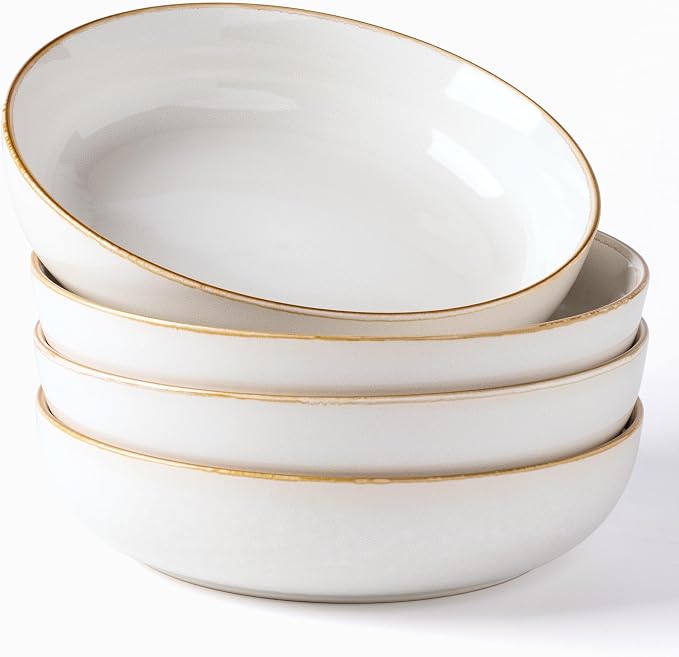 GBHOME 8.75'' Large Ceramic Pasta Bowls, 38oz Stoneware Pasta Serving Bowls Set of 4 for Kitchen, Wide Bowls for Fruit,Pasta,Salad,Oatmeal,Meal, Microwave Safe, Reactive Glaze-Pear White
