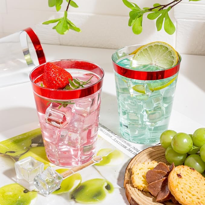 DaYammi 100 Pack Red Plastic Cups 10 Oz,Red Rimmed Plastic Cups for Party Fancy Disposable Cup for Wedding Disposable Glasses Clear Tumblers with red Rim for Bridal Shower Elegant Wine Cocktail Cup
