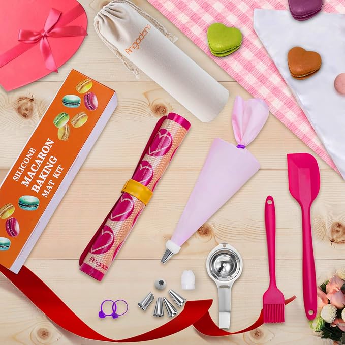 Silicone Macaron Baking Mat Kit - (30 in 1) Macaroon Baking Mat Heart Set,2 Half Sheet Macaron Silicone Mat,1 Egg Separator,1 Pastry Brush,1 Spatula,6 Frosting Tips,12 Piping Bags