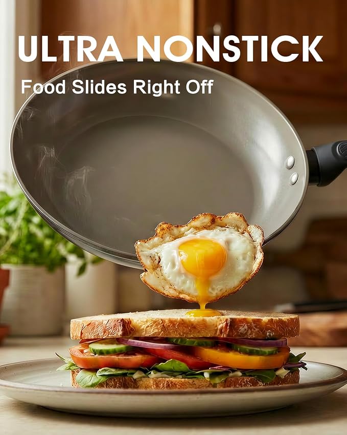 11 Inch Nonstick Frying Pan Skillet, Ceramic Frying Pan, Non Toxic Healthy Ceramic Coating, Suitable for All Stovetops, PTFE PFOA PFOS Free, Black