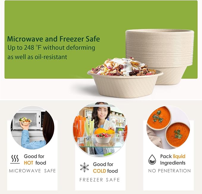 Disposable Bowls 24 Oz [50 Pack] - Compostable Bowls, Heavy Duty Paper Bowls Microwave Safe BPA-Free Eco Dinnerware for Kids Meals & Food Trucks (White)