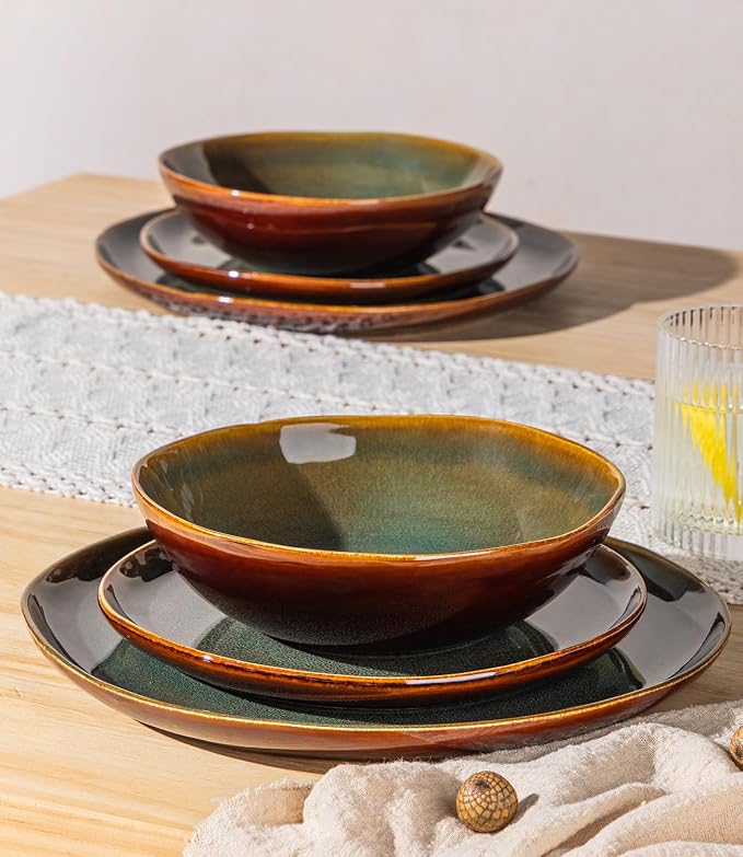 GBHOME Stoneware Dinnerware Sets for 4,12 Piece Rustic Plates and Bowls Set | Earthenware Handmade Reactive Glaze Plate Sets, Chip Resistant Ceramic Dishes, Microwave & Dishwasher Safe, Olive Maroon
