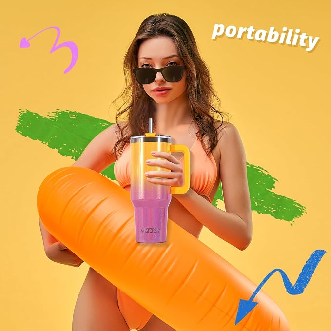 40 oz Shiny Tumbler with Handle and Straw,Stainless Steel Tumbler with Lid and Straw,Insulated Travel Mug(Cold for 34 Hours),Water Bottle for Iced Tea,Coffee (Yellow)
