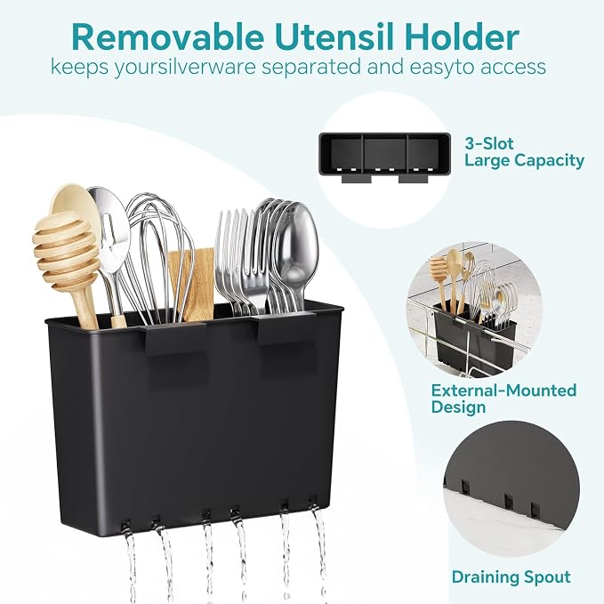 Simple Trending Dish Drying Rack in Sink with Utensil & Cup Holder | Expandable Dish Rack Over The Sink, Stainless Steel Dish Drainer for Small Kitchen, Space Saving, Non-Slip Feet, Fast Drain