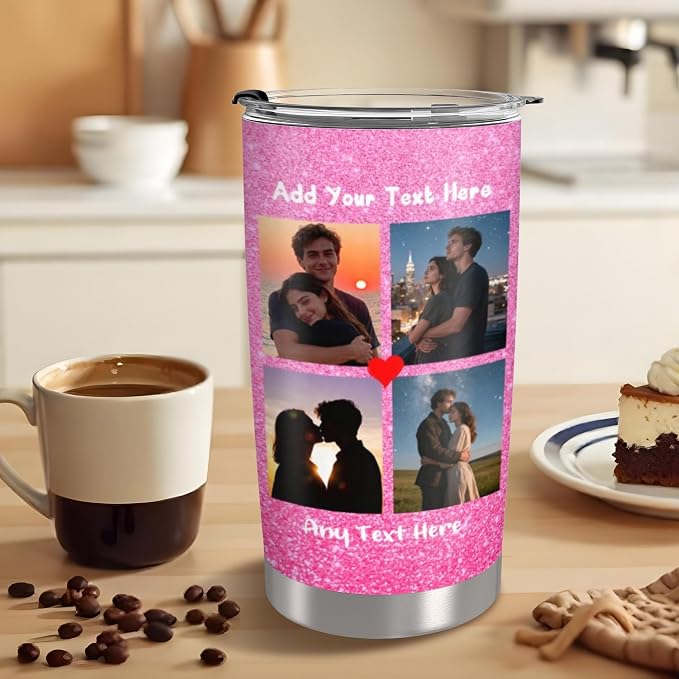 Personalized Tumbler Custom Vacuum Insulated Travel Mug Customizable Coffee Cup with Your Photos and Text Christmas Birthday Gift (4 Photos+Text)