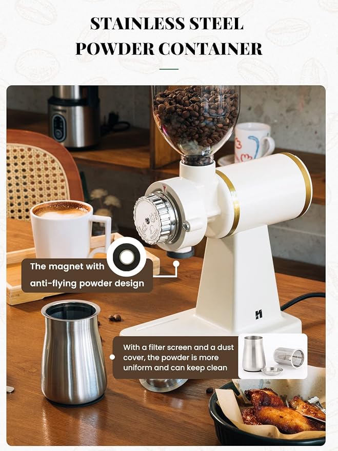 Huanyu 60mm Flat Burr Coffee Grinder, Retro Cream White for Home Cafe | Stainless steel burr, 8 precision grind settings, 250g hopper, magnetic anti-splash outlet, sifting cup, for home cafe, 200w