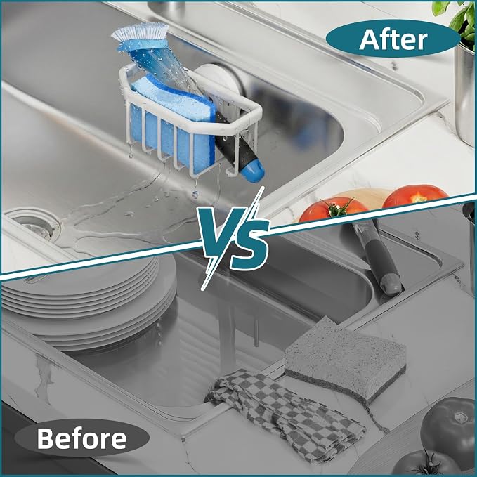 TAILI Sink Caddy with Strong Suction Cup, Sponge Holder for Sink-White | for Kitchen Sink Organizer, Removable Sponge Caddy Inside Sink, Rustproof Aluminum Holder for Sponges, Brushes, Scrubber