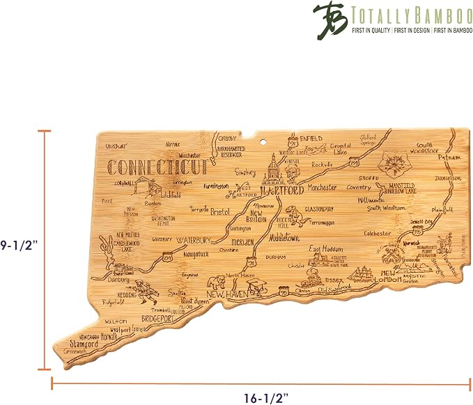 Totally Bamboo Destination Connecticut State Shaped Cutting Board | State charcuterie serving board with engraved map artwork. Smooth reverse side for food prep. Hang tie for wall display.