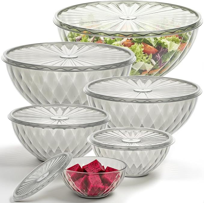 Plastic Mixing Bowls with Lids, 6 Piece Nesting Bowls Set for Kitchen | One-Press Lids, Meal Prep, Salad Mixing, Serving, Storing, Dishwasher & Microwave Safe, 5.3/3.2/1.9/1.2/ 0.6/0.3 QT