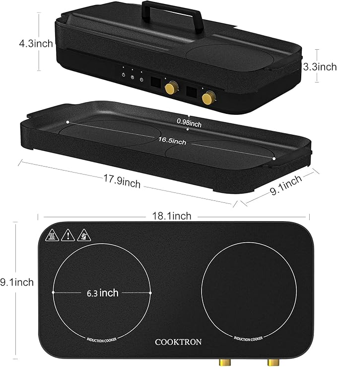 COOKTRON Portable Induction Cooktop 2 Burner with Removable Iron Cast Griddle Pan Non-stick, 1800W Double Induction Cooktop with Child Safety Lock & Time, Great for Family Party