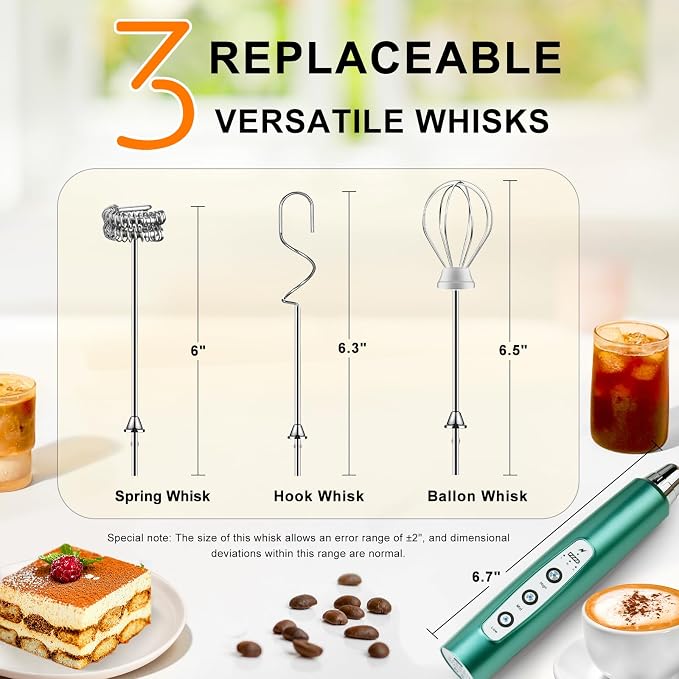 YUSWKO Handheld Milk Frother Wand for Coffee, Rechargeable Electric Whisk with 3 Heads 3 Speeds Drink Mixer Coffee Frother For Latte, Cappuccino, Hot Chocolate, Egg, Green