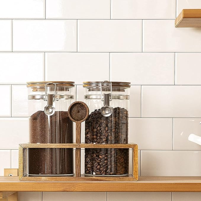 Coffee Canister with Shelf: 2P 45OZ Glass Airtight Coffee Holder | Large Capacity Coffee Container w/Acacia Scoop - Kitchen Food Storage Jar for Ground Coffee/Tea/Sugar/Cereal/Nuts/Coffee Bar