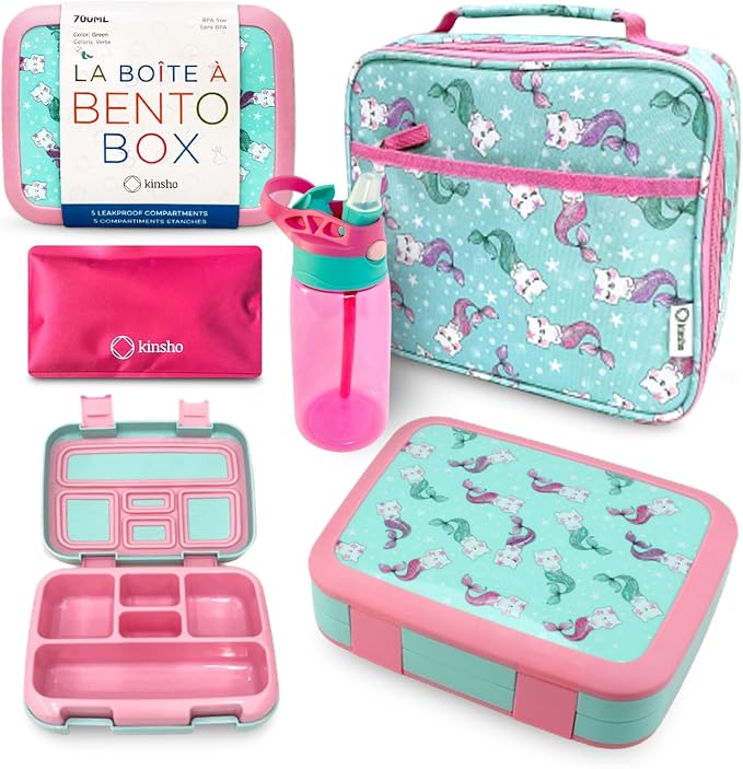 kinsho Kids Bento Lunch Box, Water Bottle, Ice Pack & Bag, Aqua Cat Mermaid | 5 Leakproof Portion Compartments, BPA-Free Removable Tray, Insulated Meal, Snack Container for Toddlers, Pre-School & Daycare