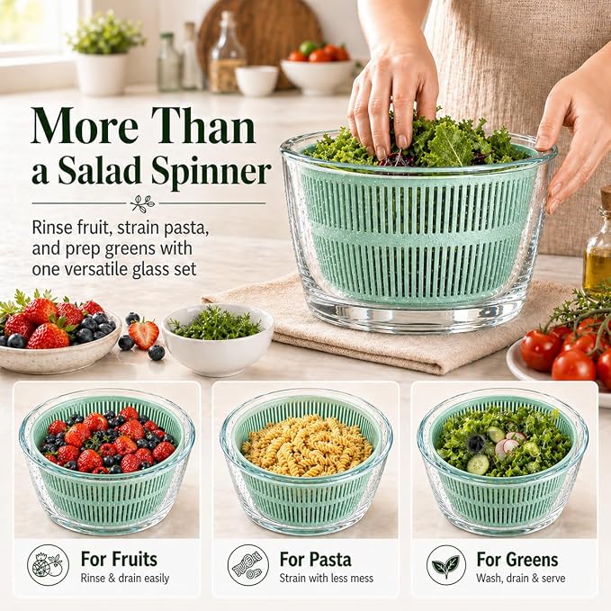 Large 5.2 Qt Glass Salad Spinner with Drain, Green | Microwave- and Dishwasher-Safe Glass Bowl, Transparent Lid, Crank Handle, Quick-Spin Salad Cleaner for Lettuce, Herbs & Fruit