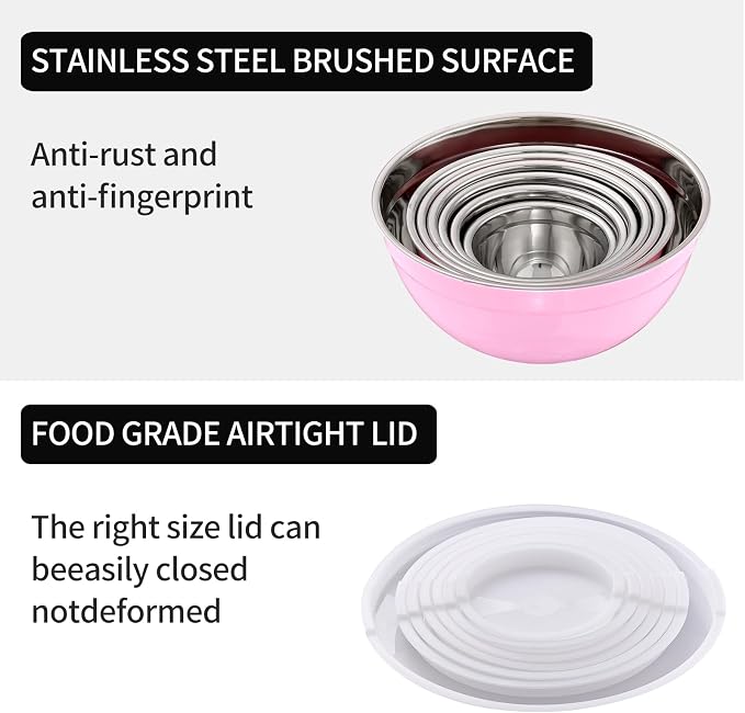 Pink Mixing Bowls with Lids Set of 7, Stainless Steel Nesting Bowl with Khaki Lid for Non-slip Mixing Prepping Storing Serving, 7 Sizes-7/3.6/2.7/2.1/1.5/1/0.8 QT