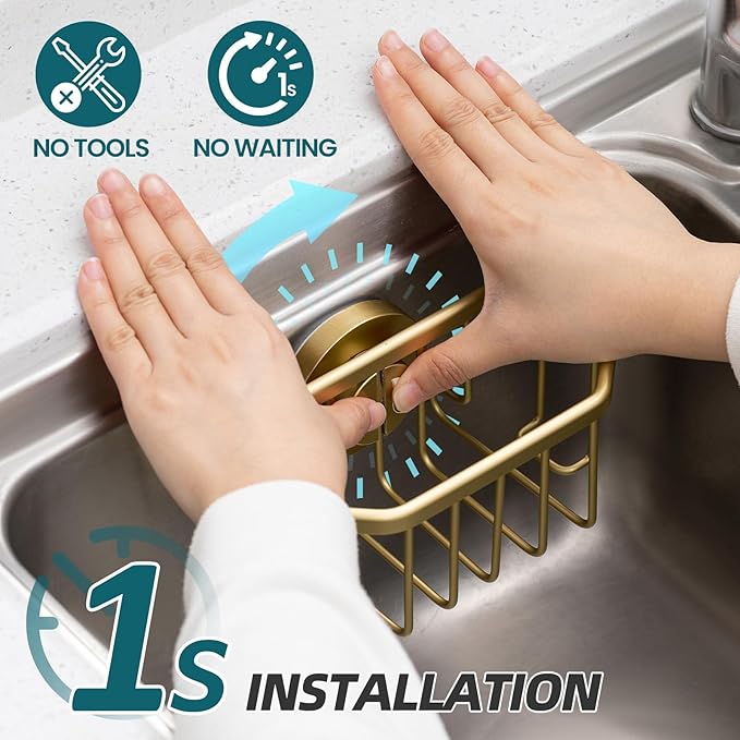 TAILI Sponge Holder for Kitchen Sink with Strong Suction Cup-Gold | Removable Sink Caddy for Kitchen Sink Oganizer, Rustproof Aluminum Sink Sponge Holder for Scraper Brushes, Stoppers