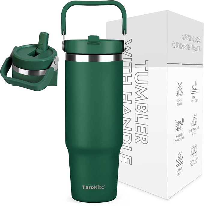 TaroKitc 30 oz Tumbler with Handle and Flip Straw, Triple-Wall Vacuum Insulated Water Bottle, Leakproof Reusable Travel Mug for Home, Outdoors, Fit in Car Cup Holder, Cold for 30 Hrs,Dark Green