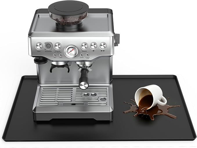 Silicone Coffee Mat, 24''x16'' Coffee Bar Mat for Countertop with Raised Edge, Non Slip Countertop Protector for Espresso Machine, Rolled Ship, Black