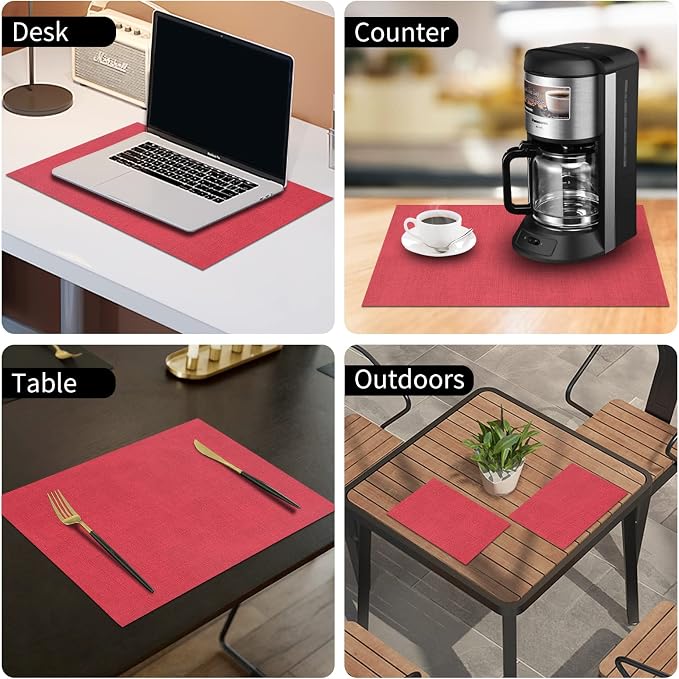 Faux Leather Heat Resistant Placemats 6 Packs, Waterproof Wipeable Dining PU Place Mats for Indoor & Outdoor, Easy to Clean, Red