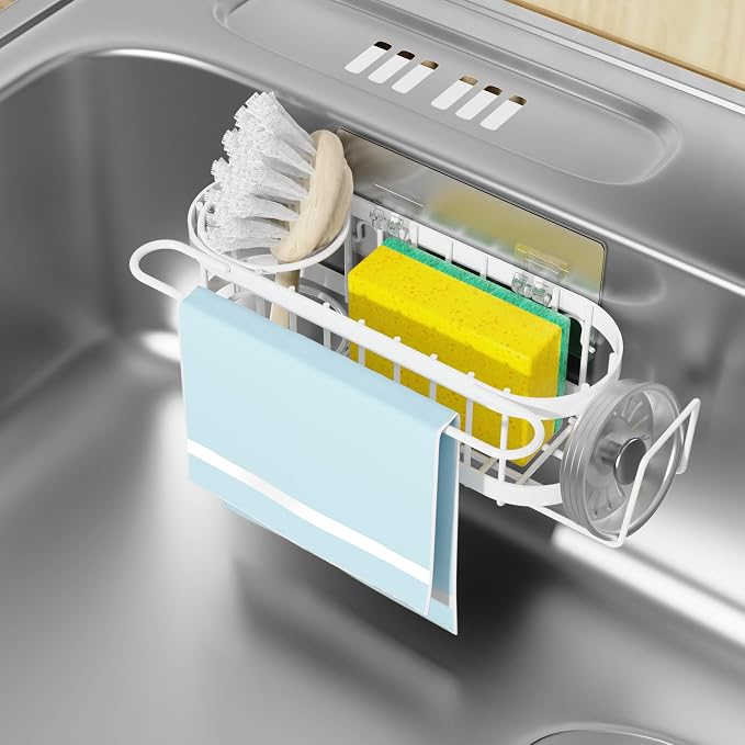 Cisily Kitchen Sink Caddy Sponge Holder in The Sink, Stainless Steel Kitchen Sink Organizer, Brush Holder, Dish Cloth Hanger, Sink Stopper Holder (Suction cup-White)