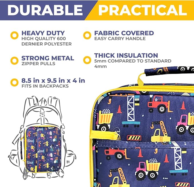 kinsho Bento Lunch Box Set with Thermo, Bag & Ice Pack, Blue Yellow Trucks | 5 Compartments, Removable Tray, Small Meal Snack Container Kids Boy Toddlers, Daycare Pre-School Kindergarten, Steel Food Jar