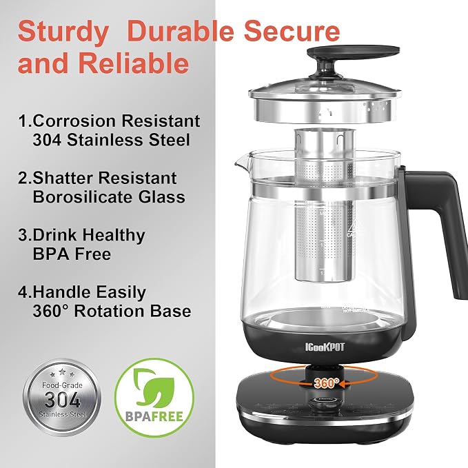 1200w Electric Kettle, 1.5L Borosilicate Glass tea kettle, Hot water kettle electric for Coffee or Tea, BPA Free, Auto Shut-Off, Stainless Steel, Fast Boil, Black