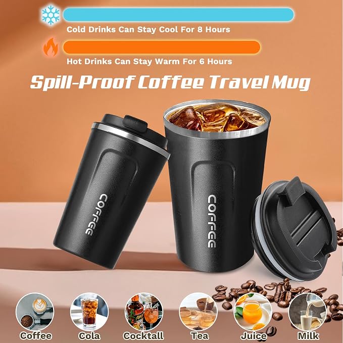 SPLMIFA Travel coffee mugs leak-proof, reusable coffee cups with lids, stainless steel vacuum insulated coffee tumblers, thermal insulation cups for men & women keep drinks hot & cold(2nd-Black, 17OZ)