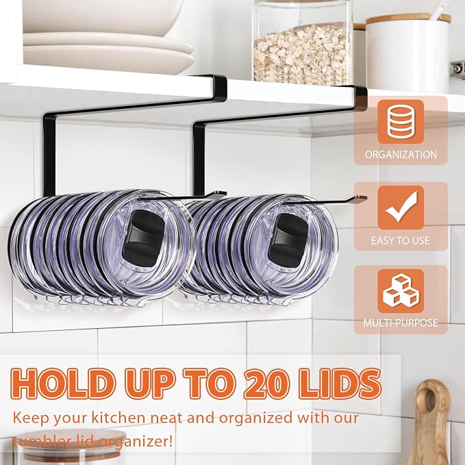 2 Pack Tumbler Lid Organizer, Versatile Tumbler Storage Holds 20 Lids Black | Space Saving Cup Lid Organizers Inside Cabinet Tumbler Lid Hook for Kitchen Organizer and Storage, Paper Towel Rack Hanger