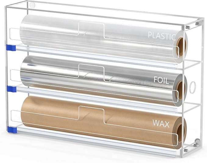3 In 1 Acrylic Aluminum Foil, Plastic Wrap Organizer with Cutter | Clear Kitchen Storage for Wax Paper Dispenser Holder, For Drawer or Wall Mount, Fits 12 Inch Roll