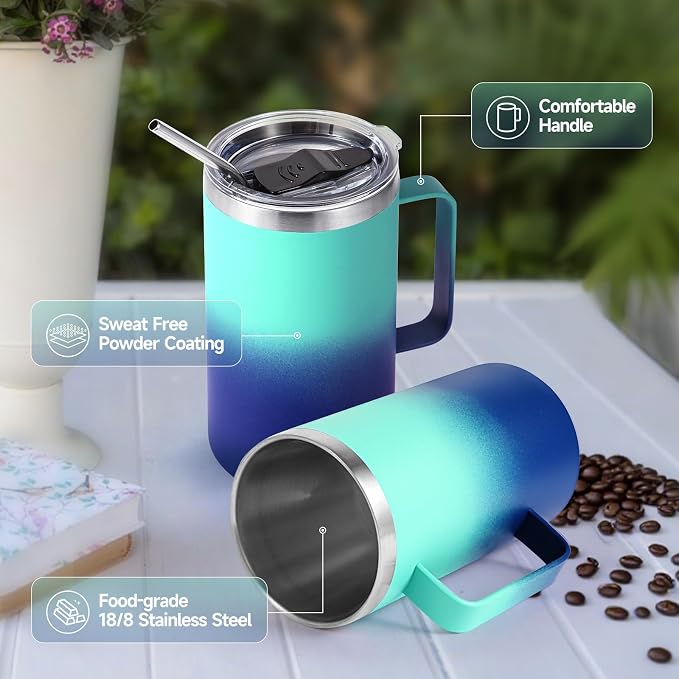 Volhoply 22oz Insulated Stainless Steel Coffee Mug with Leakproof Lid,Double Wall Vacuum Travel Coffee Cup with Handle,Reusable Metal Tumbler,Camping Mugs Keep Hot&Cold(Green Blue,1)