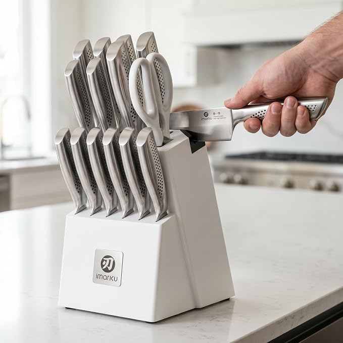 imarku 15PCS Knife Set, High Carbon Stainless Steel Blades with Sharpener | Rust-Resistant Design, Long-Lasting Sharpness, Comfortable Grip, Easy Cleaning, Durable Daily Performance, Organized Storage