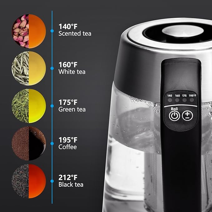 Aigostar Electric Kettle with Temperature Control and Tea Infuser | 1500W, 1.7L Hot Water Kettle with Variable Temperature, Keep Warm Function, LED Indicator Light Change, Auto Shut-Off