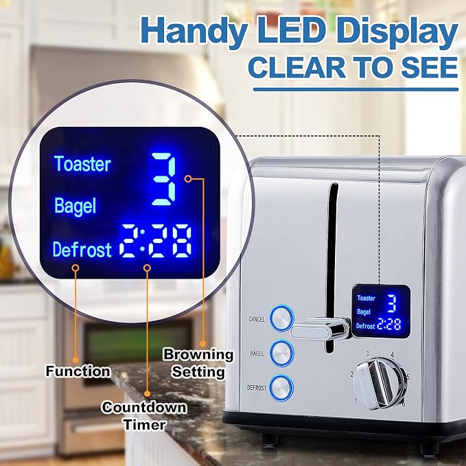 CUSIMAX 2 Slice Stainless Steel Toaster with Digital LED Display, Silver | 1.5" Wide Slots for Bagels & Thick Bread, Countdown Timer, 6 Browning Levels, Bagel/Defrost/Cancel, Removable Crumb Tray