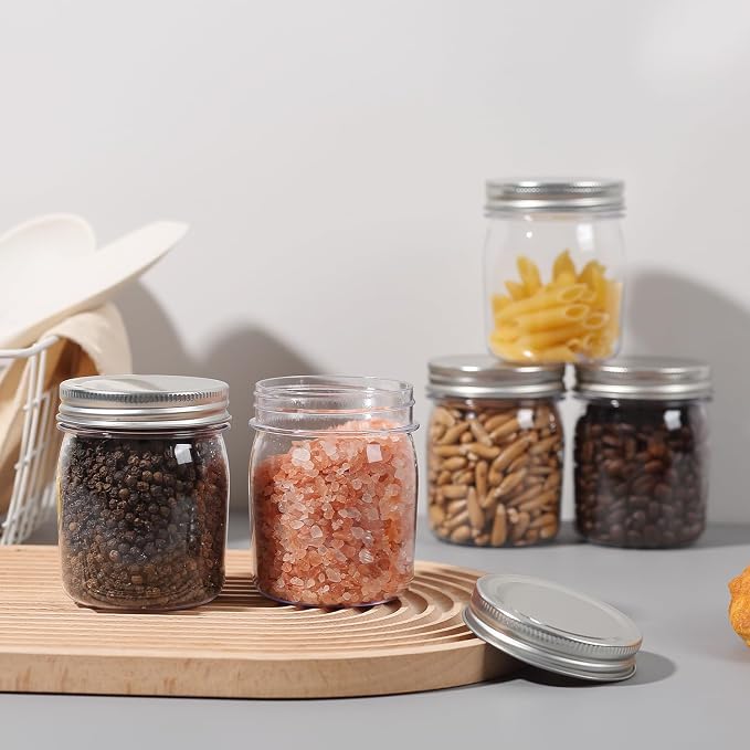 novelinks 8 oz Plastic Mason Jars and Clear Plastic Jars with Lids 8 oz | 16 Pack, Silver, Plastic Containers with Lids, Small Mason Jars, Clear Jars Bulk, Spice Jars, Slime Jars, Mini Jars