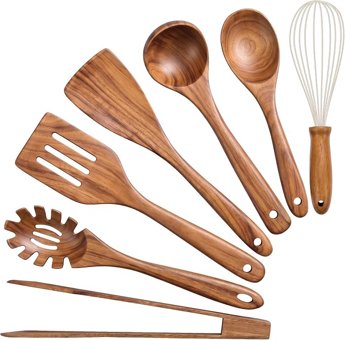 Nonstick Wooden Utensil Set for Cooking, Handmade Smooth Finish Teak Wood Spoons Spatula Turner for Cooking and Kitchen Gifts (7Pcs)