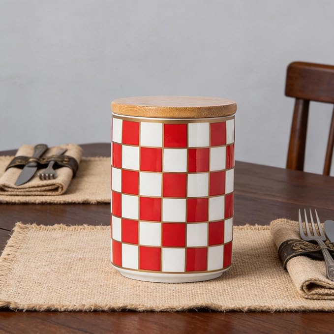 Kitchen Countertop Ceramic Checkered Canisters,Black And White Food Storage Containers With Lid,Airtight Kitchen Canisters for Flour, Sugar, Coffee, Tea, and Dry Goods (Red, Small)