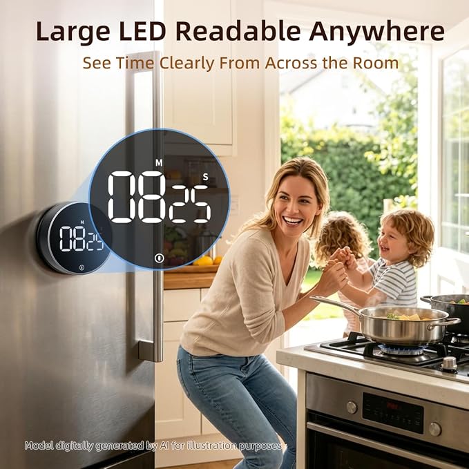 Digital Magnetic Kitchen Timer & Stopwatch with LED Display, Space Gray | Up to 99:55 Countdown & Count Up , Easy Twist Control, Adjustable Volume & Brightness, Magnetic Back, Battery Powered