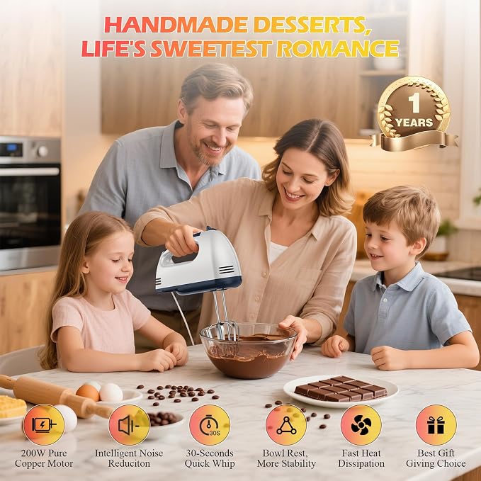 WADODO 7-Speed Electric Hand Mixer – Portable Food Mixer Kitchen Mixer with 304 *(1x Whisk, 2x Beater, 2x Dough hook) for Baking Cakes, Cream, Cookies, WHITE